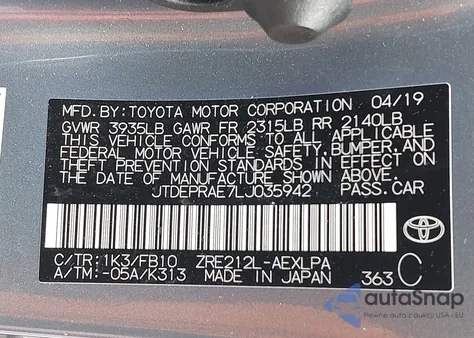 2020 Toyota Corolla Le z USA, uszkodzony, nr VIN JTDEPRAE7LJ035942